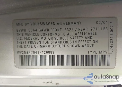 2001 Volkswagen Eurovan Mv z USA, uszkodzony, nr VIN WV2MB47041H126889